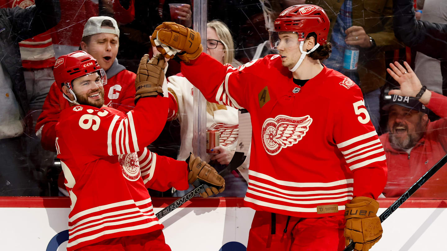 Mar 6, 2026; Detroit, Michigan, USA;  Detroit Red Wings right wing Alex DeBrincat (93) receives congratulations from defenseman Moritz Seider (53) after scoring in the second period against the Florida Panthers at Little Caesars Arena. Mandatory Credit: Rick Osentoski-Imagn Images