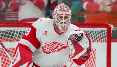 Feb 28, 2026; Raleigh, North Carolina, USA;  Detroit Red Wings goaltender Cam Talbot (39) watches the shot during the warmups fg against the Carolina Hurricanes at Lenovo Center. Mandatory Credit: James Guillory-Imagn Images