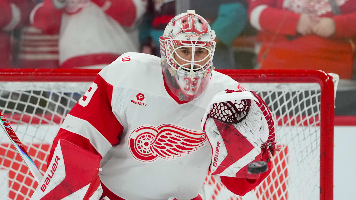 Feb 28, 2026; Raleigh, North Carolina, USA;  Detroit Red Wings goaltender Cam Talbot (39) watches the shot during the warmups fg against the Carolina Hurricanes at Lenovo Center. Mandatory Credit: James Guillory-Imagn Images