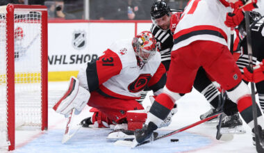 Jan 17, 2026; Newark, New Jersey, USA; Carolina Hurricanes goaltender Frederik Andersen (31) makes a save against the New Jersey Devils during the second period at Prudential Center. Mandatory Credit: Thomas Salus-Imagn Images