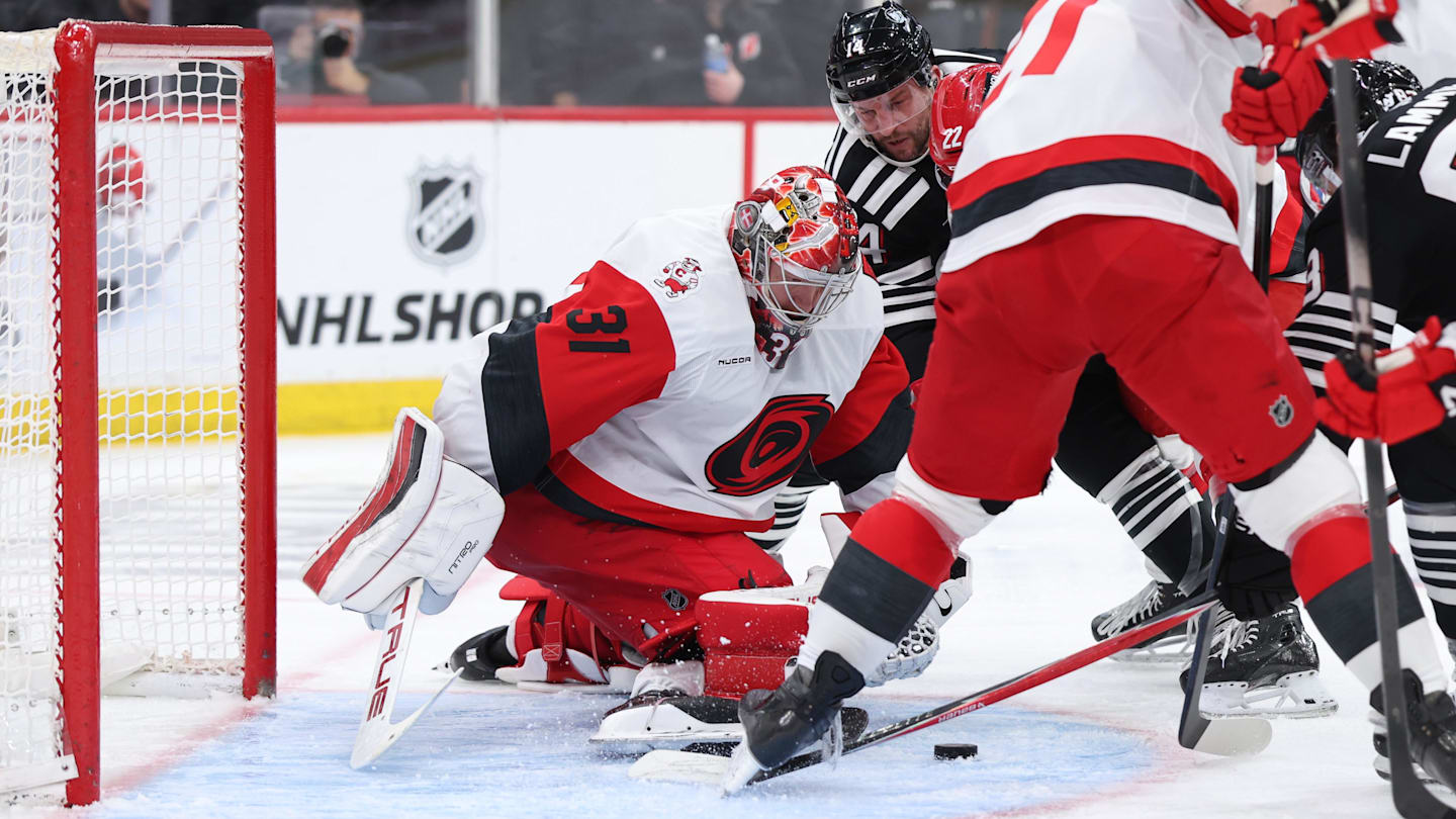 Jan 17, 2026; Newark, New Jersey, USA; Carolina Hurricanes goaltender Frederik Andersen (31) makes a save against the New Jersey Devils during the second period at Prudential Center. Mandatory Credit: Thomas Salus-Imagn Images