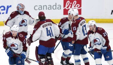 Mar 26, 2026; Winnipeg, Manitoba, CAN; Colorado Avalanche celebrate their victory over the Winnipeg Jets at Canada Life Centre. Mandatory Credit: James Carey Lauder-Imagn Images
