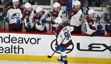 Mar 20, 2026; Chicago, Illinois, USA;  Colorado Avalanche center Nazem Kadri (91) celebrates with teammates after he scores a goal against the  Chicago Blackhawks during the third period at United Center. Mandatory Credit: Matt Marton-Imagn Images