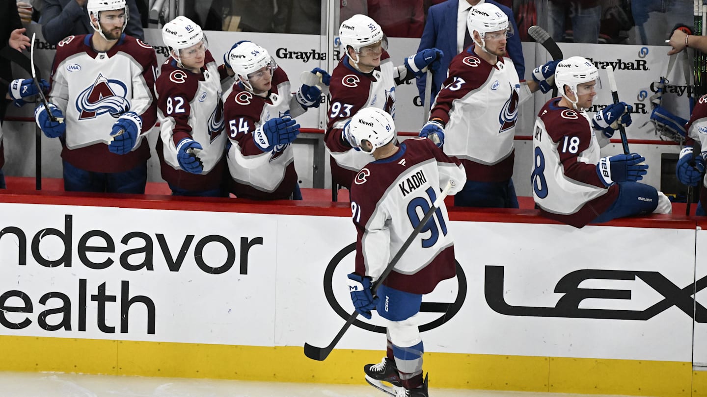 Mar 20, 2026; Chicago, Illinois, USA;  Colorado Avalanche center Nazem Kadri (91) celebrates with teammates after he scores a goal against the  Chicago Blackhawks during the third period at United Center. Mandatory Credit: Matt Marton-Imagn Images