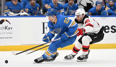 Feb 28, 2026; St. Louis, Missouri, USA; New Jersey Devils right wing Timo Meier (28) and St. Louis Blues defenseman Logan Mailloux (23) battle for the puck in the third period at Enterprise Center. Mandatory Credit: Joe Puetz-Imagn Images