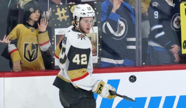 Mar 24, 2026; Winnipeg, Manitoba, CAN; Vegas Golden Knights right wing Braeden Bowman (42) puck juggles before a game against the Winnipeg Jets at Canada Life Centre. Mandatory Credit: James Carey Lauder-Imagn Images