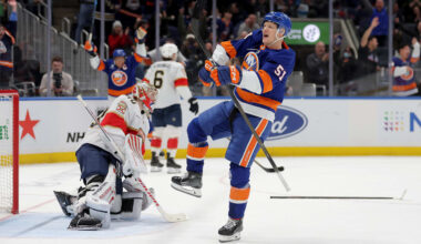 Mar 28, 2026; Elmont, New York, USA; New York Islanders left wing Emil Heineman (51) celebrates his goal against Florida Panthers goaltender Daniil Tarasov (40) during the second period at UBS Arena. Mandatory Credit: Brad Penner-Imagn Images