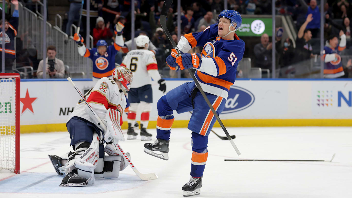 Mar 28, 2026; Elmont, New York, USA; New York Islanders left wing Emil Heineman (51) celebrates his goal against Florida Panthers goaltender Daniil Tarasov (40) during the second period at UBS Arena. Mandatory Credit: Brad Penner-Imagn Images