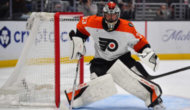 Mar 19, 2026; Los Angeles, California, USA; Philadelphia Flyers goaltender Samuel Ersson (33) defends the goal against the Los Angeles Kings during the second period at Crypto.com Arena.