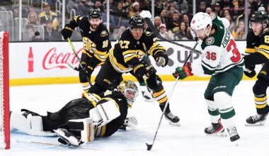 Mar 28, 2026; Boston, Massachusetts, USA; Minnesota Wild right wing Mats Zuccarello (36) shoots the puck on a sprawling Boston Bruins goaltender Jeremy Swayman (1) during the second period at TD Garden. Mandatory Credit: Bob DeChiara-Imagn Images