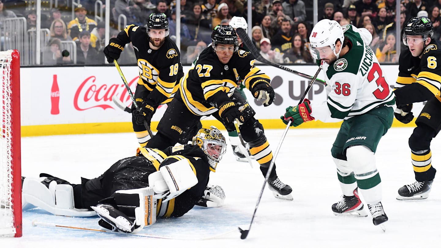 Mar 28, 2026; Boston, Massachusetts, USA; Minnesota Wild right wing Mats Zuccarello (36) shoots the puck on a sprawling Boston Bruins goaltender Jeremy Swayman (1) during the second period at TD Garden. Mandatory Credit: Bob DeChiara-Imagn Images