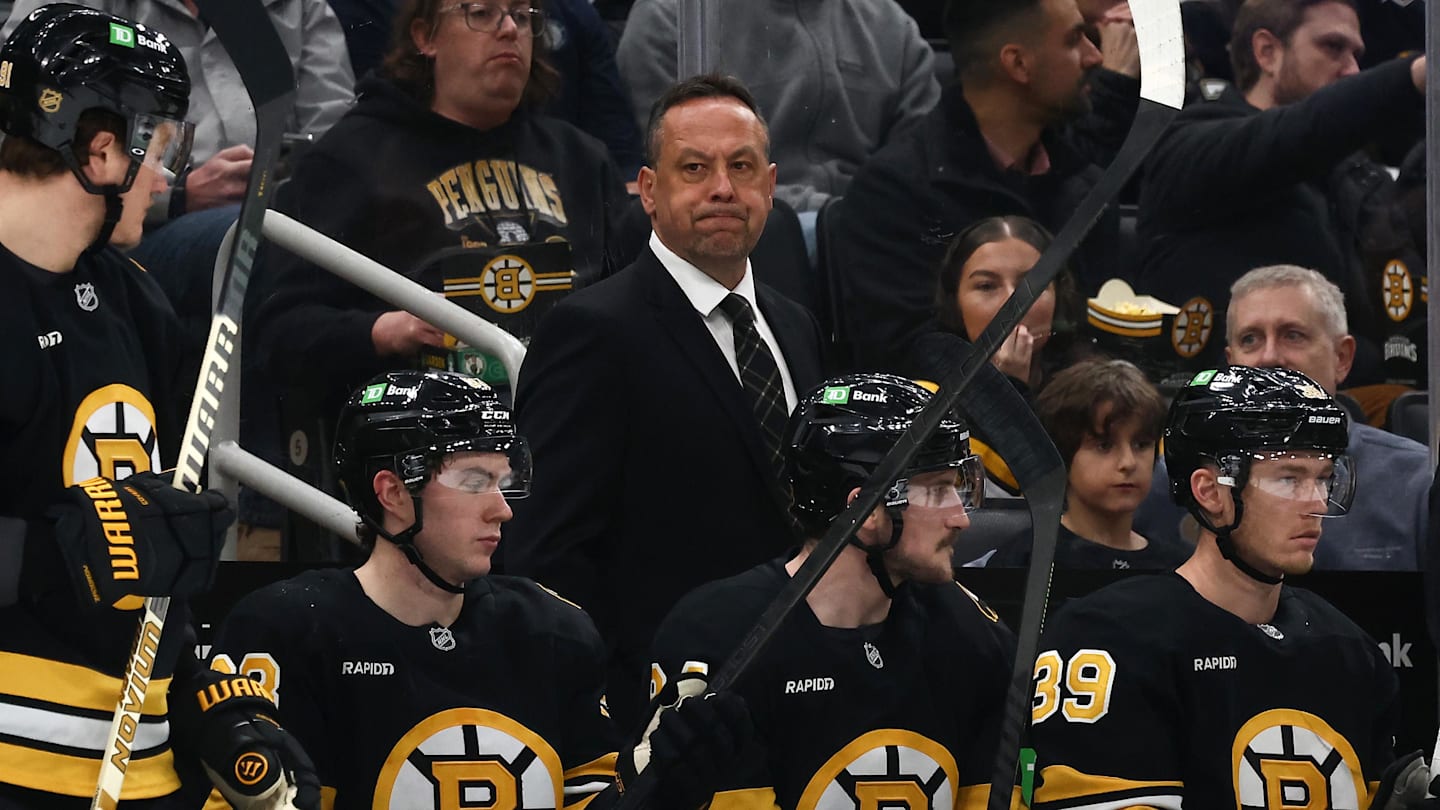 Mar 3, 2026; Boston, Massachusetts, USA; Boston Bruins head coach Marco Sturm behind the bench during the third period against the Pittsburgh Penguins at TD Garden. Mandatory Credit: Winslow Townson-Imagn Images