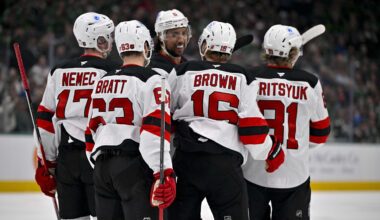 Mar 24, 2026; Dallas, Texas, USA; New Jersey Devils defenseman Simon Nemec (17) and left wing Jesper Bratt (63) and right wing Connor Brown (16) and right wing Arseny Gritsyuk (81) and defenseman Brenden Dillon (5) celebrates a goal scored by Brown against the Dallas Stars during the first period at the American Airlines Center. Mandatory Credit: Jerome Miron-Imagn Images