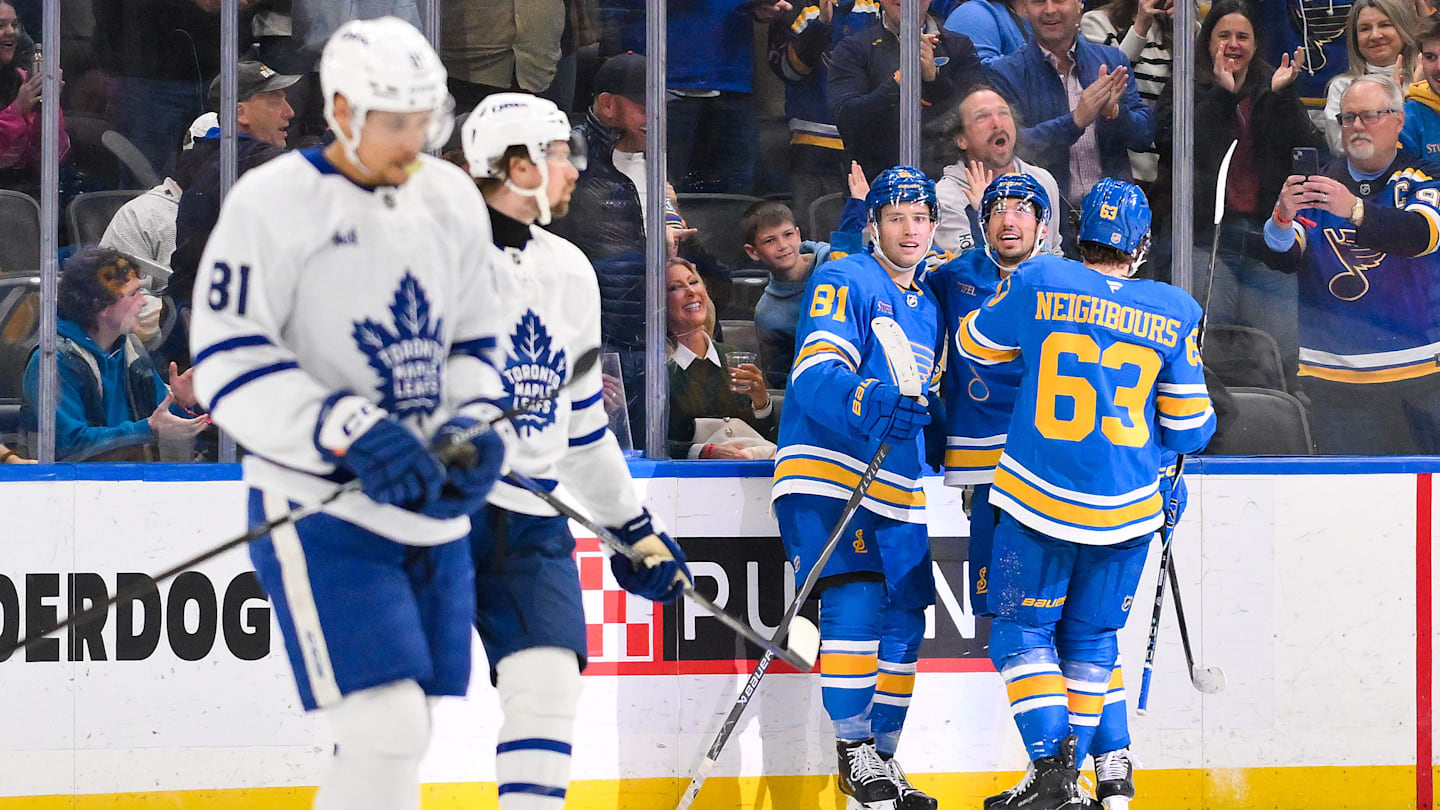 Mar 28, 2026; St. Louis, Missouri, USA; St. Louis Blues left wing Dylan Holloway (81) is congratulated by right wing Jordan Kyrou (25) and left wing Jake Neighbours (63) after scoring against the Toronto Maple Leafs during the third period at Enterprise Center. Mandatory Credit: Jeff Curry-Imagn Images