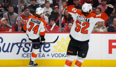 Mar 28, 2026; Detroit, Michigan, USA;  Philadelphia Flyers right wing Owen Tippett (74) celebrates after scoring in the first period against the Detroit Red Wings at Little Caesars Arena.