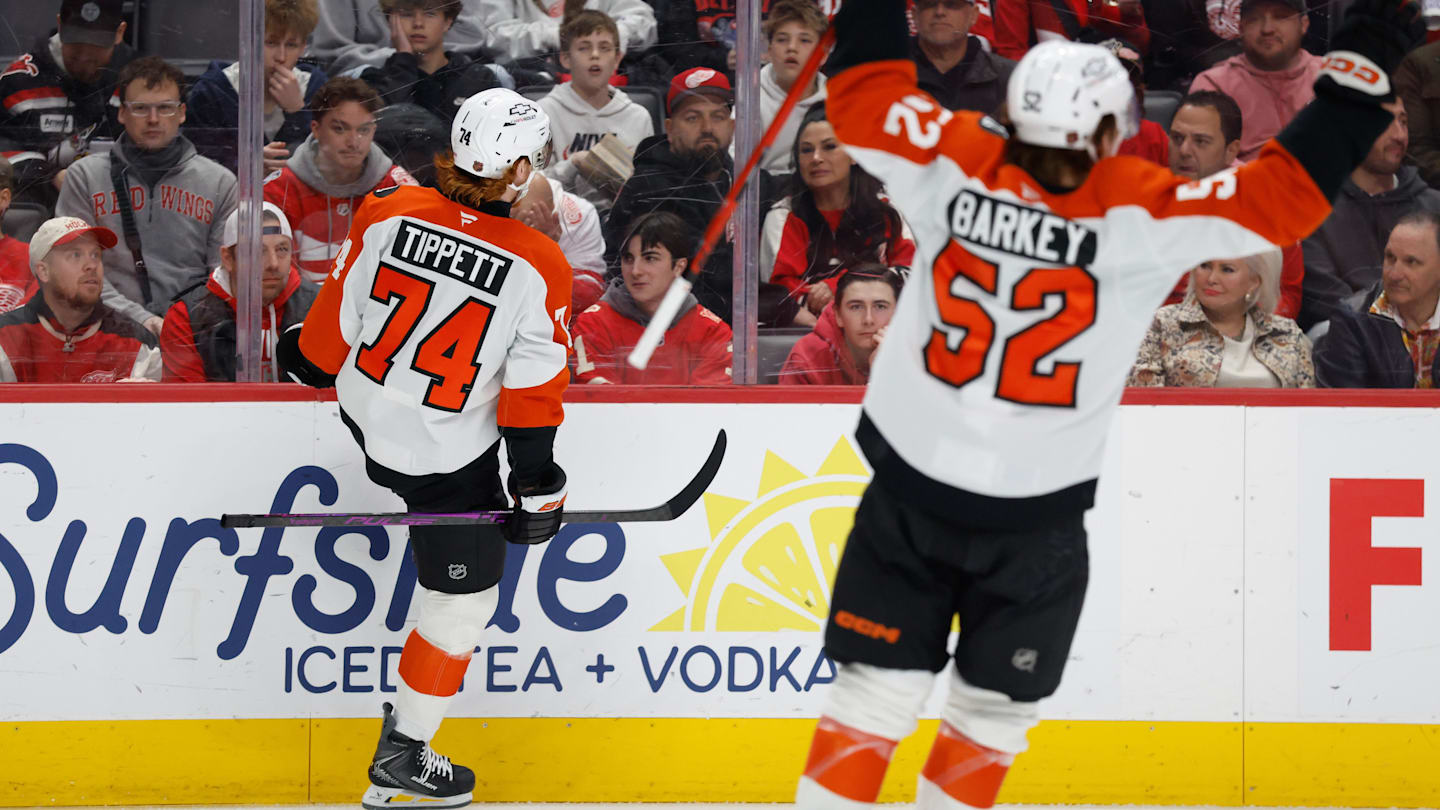 Mar 28, 2026; Detroit, Michigan, USA;  Philadelphia Flyers right wing Owen Tippett (74) celebrates after scoring in the first period against the Detroit Red Wings at Little Caesars Arena.