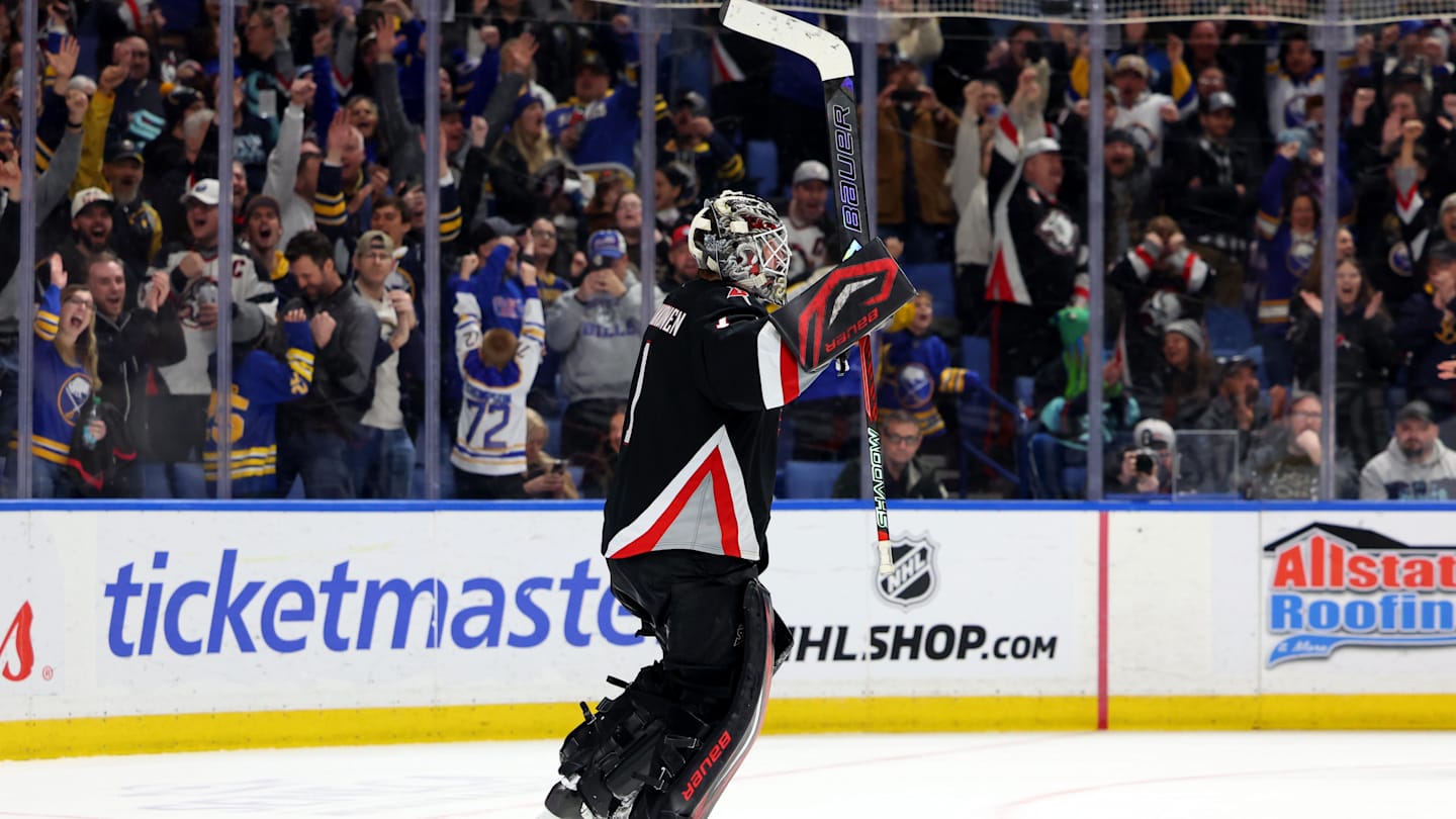 Mar 28, 2026; Buffalo, New York, USA;  Buffalo Sabres goaltender Ukko-Pekka Luukkonen (1) reacts after winning the game in a shootout against the Seattle Kraken at KeyBank Center. Mandatory Credit: Timothy T. Ludwig-Imagn Images