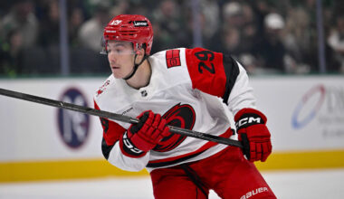 Oct 25, 2025; Dallas, Texas, USA; Carolina Hurricanes left wing Bradly Nadeau (29) skates against the Dallas Stars during the game between the Stars and the Hurricanes at the American Airlines Center. Mandatory Credit: Jerome Miron-Imagn Images