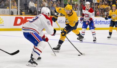 Mar 28, 2026; Nashville, Tennessee, USA;  Montreal Canadiens defenseman Noah Dobson (53) blocks the shot of Nashville Predators left wing Erik Haula (56) during the third period Gat Bridgestone Arena. Mandatory Credit: Steve Roberts-Imagn Images
