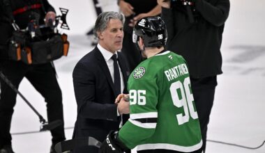 May 3, 2025; Dallas, Texas, USA; Colorado Avalanche head coach Jared Bednar and Dallas Stars right wing Mikko Rantanen (96) after the game between the Dallas Stars and the Colorado Avalanche in game seven of the first round of the 2025 Stanley Cup Playoffs at American Airlines Center. Mandatory Credit: Jerome Miron-Imagn Images