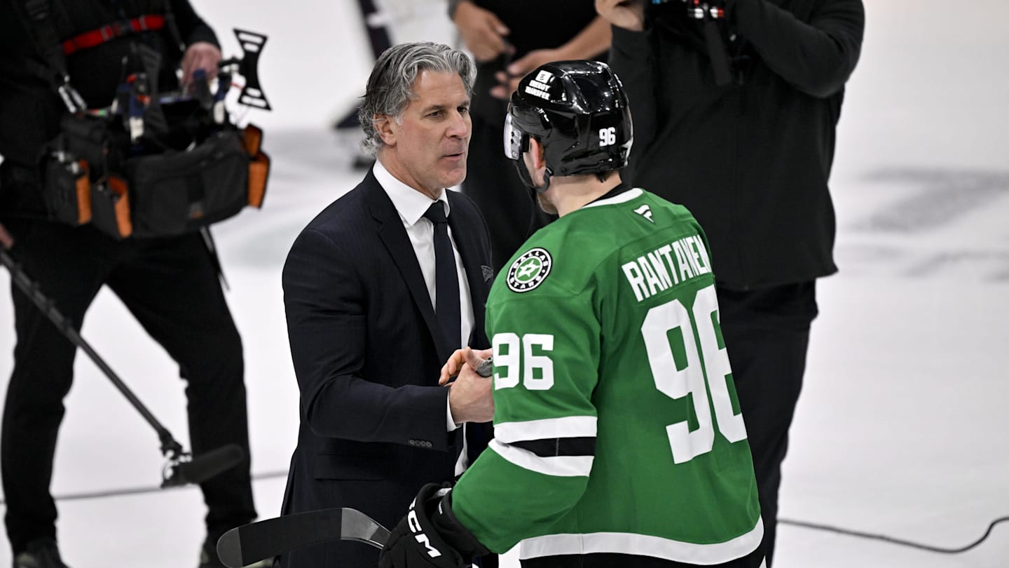 May 3, 2025; Dallas, Texas, USA; Colorado Avalanche head coach Jared Bednar and Dallas Stars right wing Mikko Rantanen (96) after the game between the Dallas Stars and the Colorado Avalanche in game seven of the first round of the 2025 Stanley Cup Playoffs at American Airlines Center. Mandatory Credit: Jerome Miron-Imagn Images
