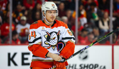 Jan 25, 2026; Calgary, Alberta, CAN; Anaheim Ducks center Mikael Granlund (64) against the Calgary Flames during the second period at Scotiabank Saddledome. Mandatory Credit: Sergei Belski-Imagn Images
