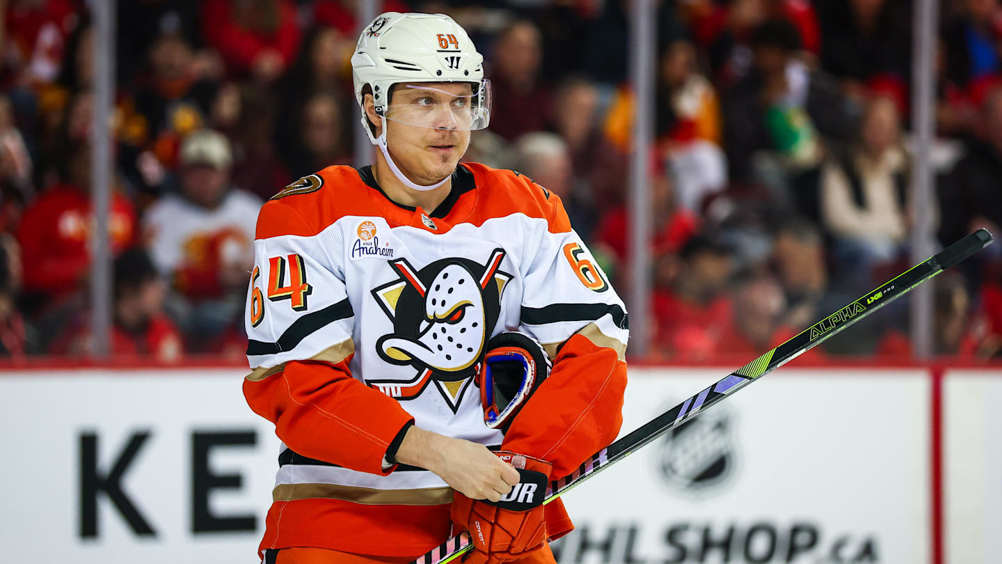 Jan 25, 2026; Calgary, Alberta, CAN; Anaheim Ducks center Mikael Granlund (64) against the Calgary Flames during the second period at Scotiabank Saddledome. Mandatory Credit: Sergei Belski-Imagn Images