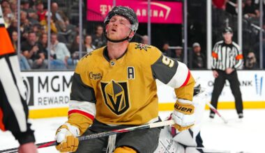 Mar 28, 2026; Las Vegas, Nevada, USA; Vegas Golden Knights center Jack Eichel (9) reacts after being stopped by Washington Capitals goaltender Logan Thompson (48) during a shoot-out attempt at T-Mobile Arena. Mandatory Credit: Stephen R. Sylvanie-Imagn Images