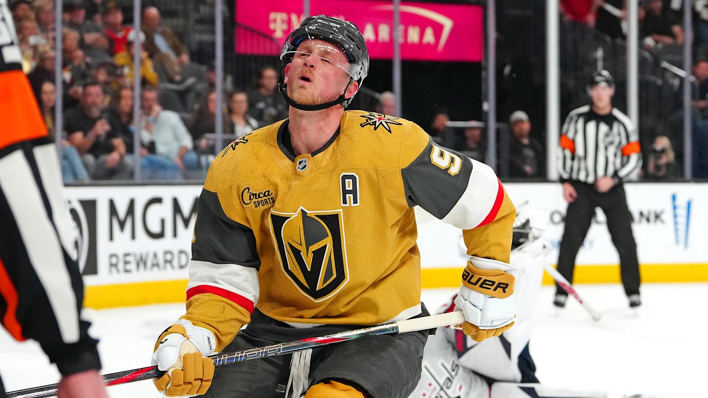Mar 28, 2026; Las Vegas, Nevada, USA; Vegas Golden Knights center Jack Eichel (9) reacts after being stopped by Washington Capitals goaltender Logan Thompson (48) during a shoot-out attempt at T-Mobile Arena. Mandatory Credit: Stephen R. Sylvanie-Imagn Images