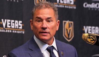 Nov 10, 2025; Las Vegas, Nevada, USA; Vegas Golden Knights head coach Bruce Cassidy takes questions during a presser after the Florida Panthers defeated the Golden Knights 3-2 at T-Mobile Arena. Mandatory Credit: Stephen R. Sylvanie-Imagn Images