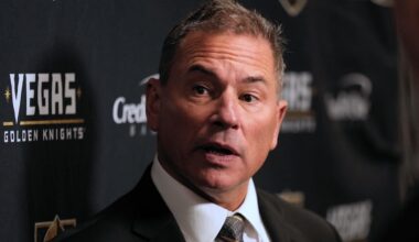 Nov 20, 2024; Toronto, Ontario, CAN; Vegas Golden Knights head coach Bruce Cassidy during a post game media conference after a loss to the Toronto Maple Leafs at Scotiabank Arena. Mandatory Credit: John E. Sokolowski-Imagn Images