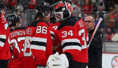 New Jersey Devils center Jack Hughes (86) and New Jersey Devils goaltender Jake Allen (34): Ed Mulholland-Imagn Images