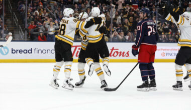Mar 29, 2026; Columbus, Ohio, USA; Boston Bruins left wing Viktor Arvidsson (71) celebrates his goal against the Columbus Blue Jackets during the third period at Nationwide Arena. Mandatory Credit: Russell LaBounty-Imagn Images