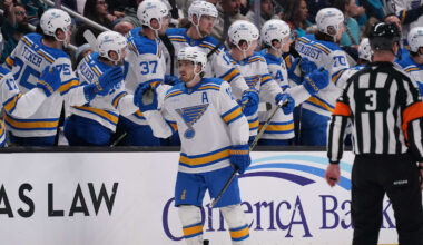 Mar 6, 2026; San Jose, California, USA; St. Louis Blues center Robert Thomas (18) is congratulated by teammates after scoring a goal against the San Jose Sharks in the second period at SAP Center at San Jose. Mandatory Credit: David Gonzales-Imagn Images