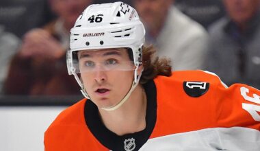 Mar 18, 2026; Anaheim, California, USA; Philadelphia Flyers center Trevor Zegras (46) in action against the Anaheim Ducks during the first period at Honda Center. Mandatory Credit: Gary A. Vasquez-Imagn Images