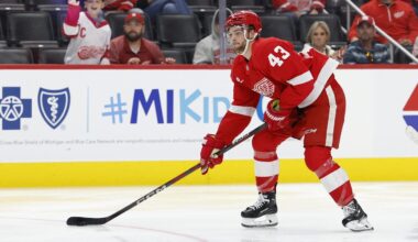 Oct 4, 2024; Detroit, Michigan, USA;  Detroit Red Wings left wing Carter Mazur (43) skates with the puck in the second period against the Ottawa Senators at Little Caesars Arena. Mandatory Credit: Rick Osentoski-Imagn Images