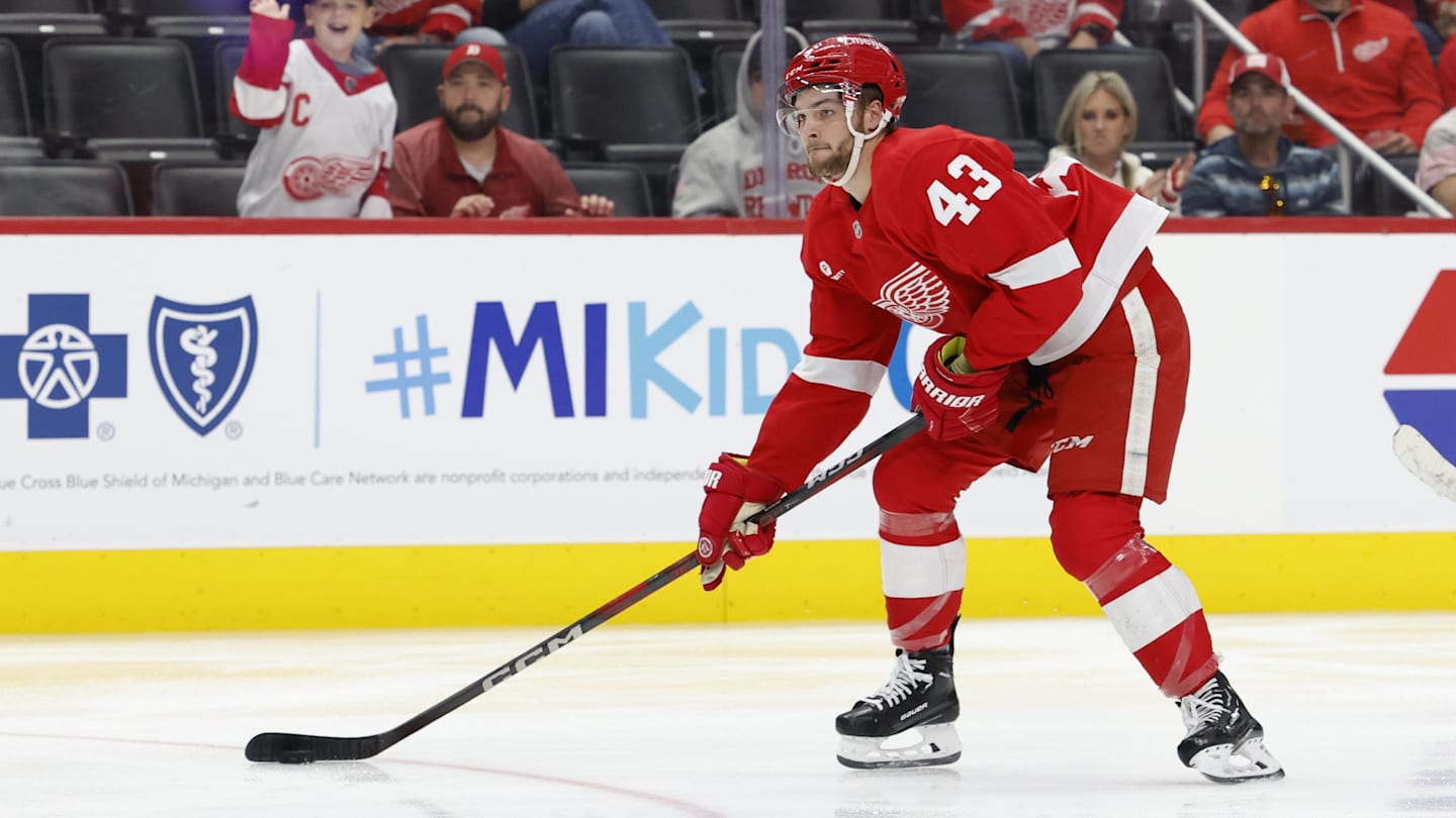 Oct 4, 2024; Detroit, Michigan, USA;  Detroit Red Wings left wing Carter Mazur (43) skates with the puck in the second period against the Ottawa Senators at Little Caesars Arena. Mandatory Credit: Rick Osentoski-Imagn Images