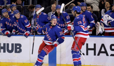 Mar 27, 2026; New York, New York, USA; New York Rangers left wing Adam Sykora (38) celebrates his goal against the Chicago Blackhawks with defenseman Matthew Robertson (29) during the second period at Madison Square Garden. The goal was the first of his NHL career. Mandatory Credit: Brad Penner-Imagn Images