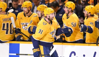 Mar 26, 2026; Nashville, Tennessee, USA;  Nashville Predators center Steven Stamkos (91) celebrates with his teammates after scoring a goal against the New Jersey Devils during the second period at Bridgestone Arena. Mandatory Credit: Steve Roberts-Imagn Images
