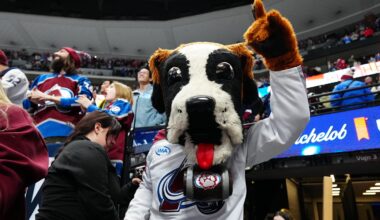 Dec 29, 2025; Denver, Colorado, USA; Colorado Avalanche mascot Bernie celebrates defeating the Los Angeles Kings  at Ball Arena. Mandatory Credit: Ron Chenoy-Imagn Images