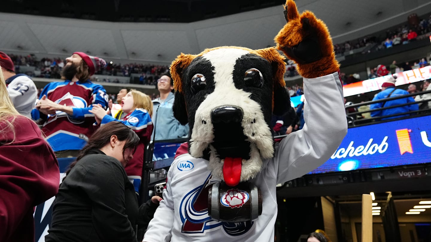 Dec 29, 2025; Denver, Colorado, USA; Colorado Avalanche mascot Bernie celebrates defeating the Los Angeles Kings  at Ball Arena. Mandatory Credit: Ron Chenoy-Imagn Images