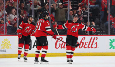 New Jersey Devils center Jack Hughes (86) celebrates his goal: Ed Mulholland-Imagn Images