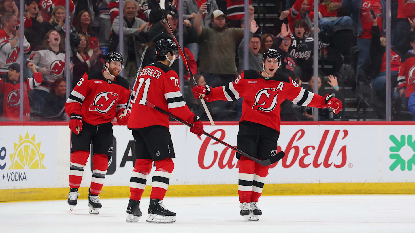 New Jersey Devils center Jack Hughes (86) celebrates his goal: Ed Mulholland-Imagn Images