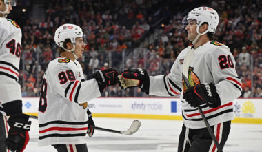Mar 26, 2026; Philadelphia, Pennsylvania, USA; Chicago Blackhawks center Connor Bedard (98) celebrates his goal with center Ryan Greene (20) against the Philadelphia Flyers during the second period at Xfinity Mobile Arena. Mandatory Credit: Eric Hartline-Imagn Images