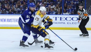 Mar 29, 2026; Tampa, Florida, USA; Nashville Predators right wing Joakim Kemell (25) controls the puck from Tampa Bay Lightning defenseman Erik Cernak (81) in the second period at Benchmark International Arena. Mandatory Credit: Nathan Ray Seebeck-Imagn Images