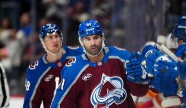 Mar 30, 2026; Denver, Colorado, USA; Colorado Avalanche center Nazem Kadri (91) celebrates his first goal of the first period against the Calgary Flames at Ball Arena. Mandatory Credit: Ron Chenoy-Imagn Images
