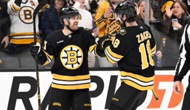 Feb 26, 2026; Boston, Massachusetts, USA; Boston Bruins left wing Viktor Arvidsson (71) celebrates a goal against the Columbus Blue Jackets with center Pavel Zacha (18) during the first period at TD Garden. Mandatory Credit: Eric Canha-Imagn Images