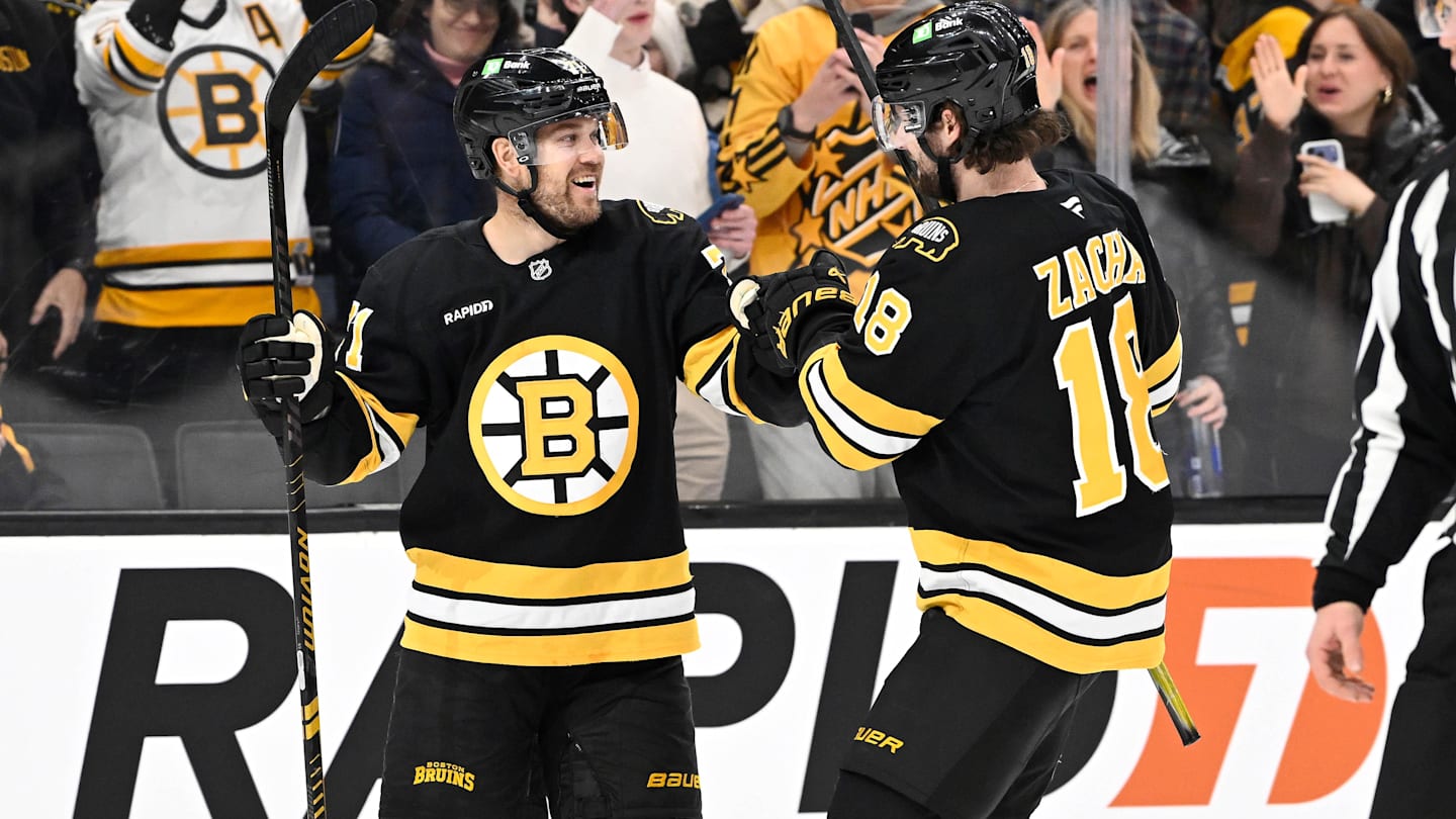 Feb 26, 2026; Boston, Massachusetts, USA; Boston Bruins left wing Viktor Arvidsson (71) celebrates a goal against the Columbus Blue Jackets with center Pavel Zacha (18) during the first period at TD Garden. Mandatory Credit: Eric Canha-Imagn Images