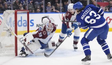 Jan 25, 2026; Toronto, Ontario, CAN; Colorado Avalanche goaltender MacKenzie Blackwood (39) makes a save on Toronto Maple Leafs forward Matias Maccelli (63) during the third period at Scotiabank Arena. Mandatory Credit: John E. Sokolowski-Imagn Images