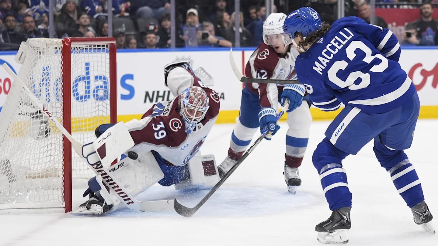 Jan 25, 2026; Toronto, Ontario, CAN; Colorado Avalanche goaltender MacKenzie Blackwood (39) makes a save on Toronto Maple Leafs forward Matias Maccelli (63) during the third period at Scotiabank Arena. Mandatory Credit: John E. Sokolowski-Imagn Images